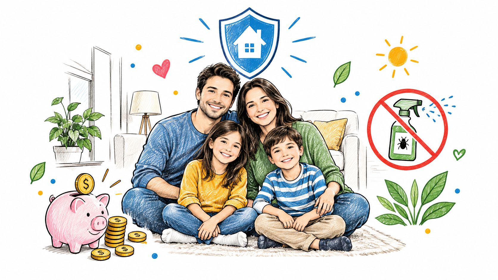 A happy family sitting together in a cozy home environment representing safety, financial savings, and chemical-free living.