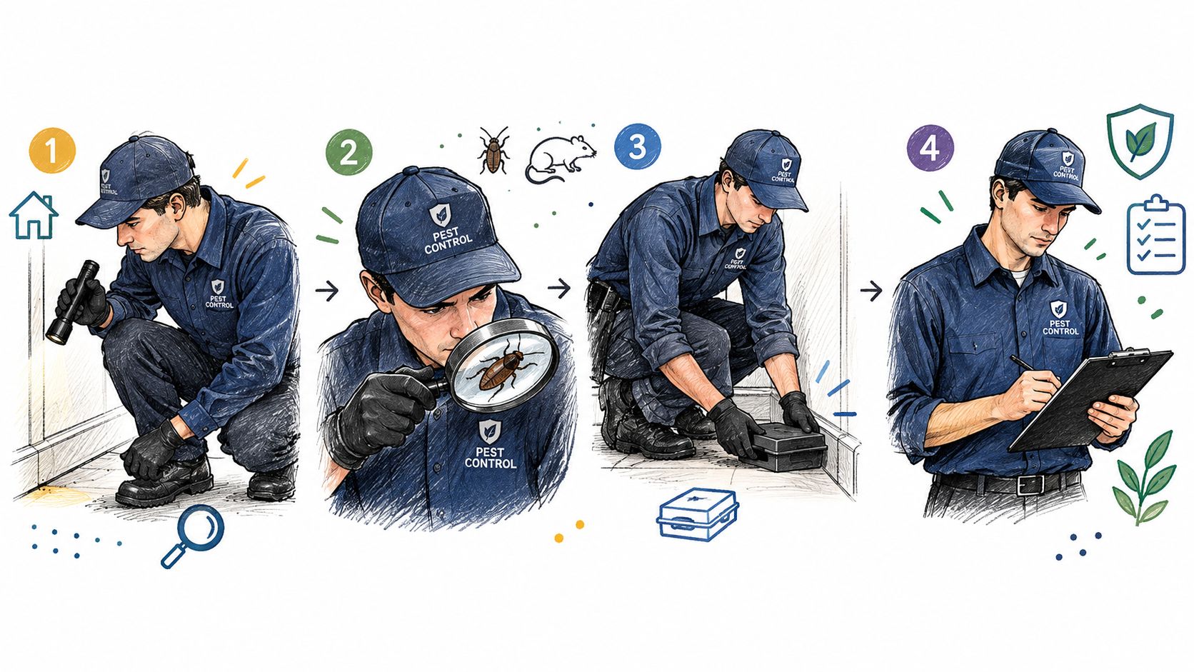 A professional pest control technician performing a four-step inspection, identification, treatment, and documentation process in a home.