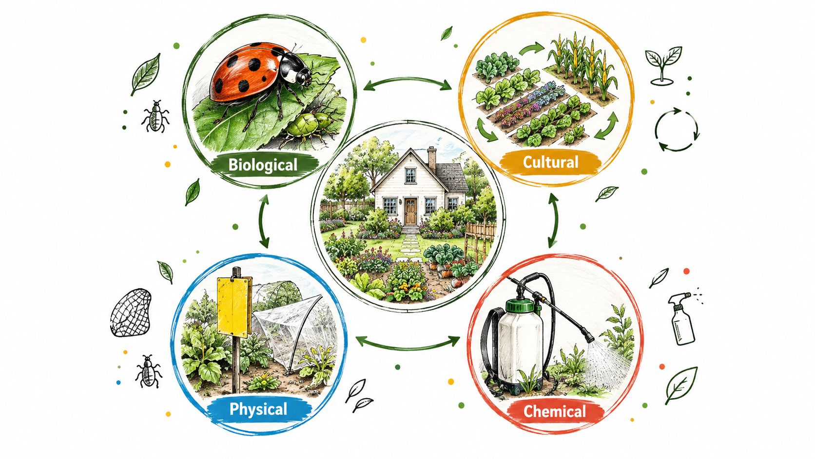 A diagram illustrating four types of integrated pest management including biological, cultural, physical, and chemical methods.