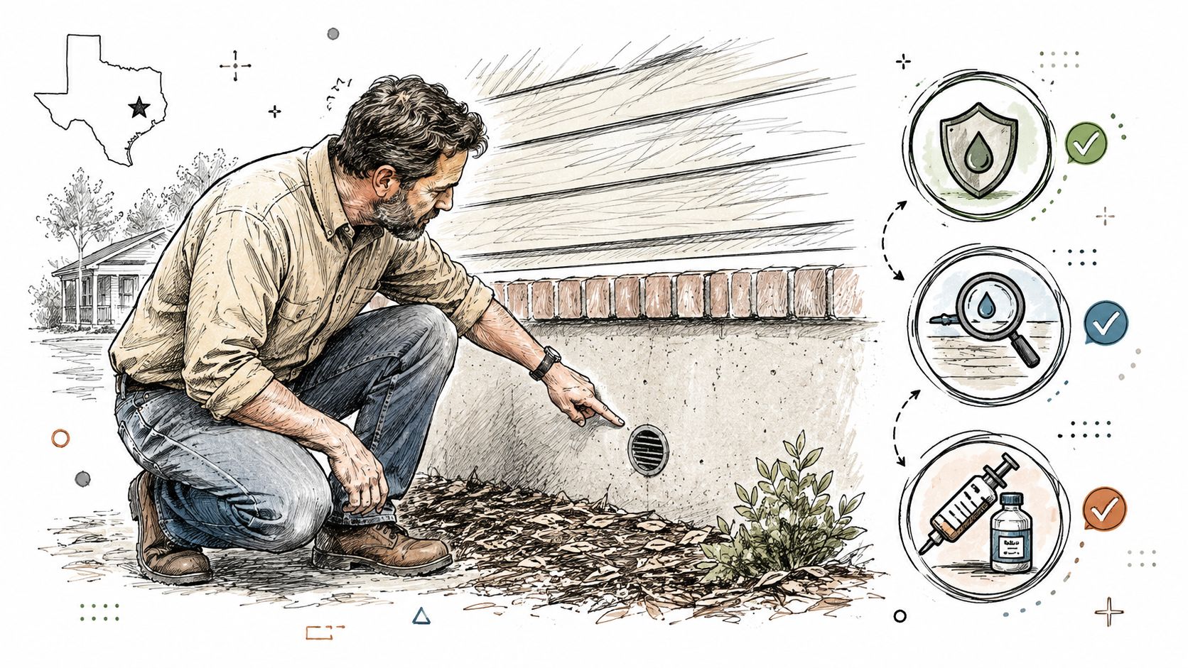 A professional inspector examines a home foundation vent for pest control during integrated pest management services.