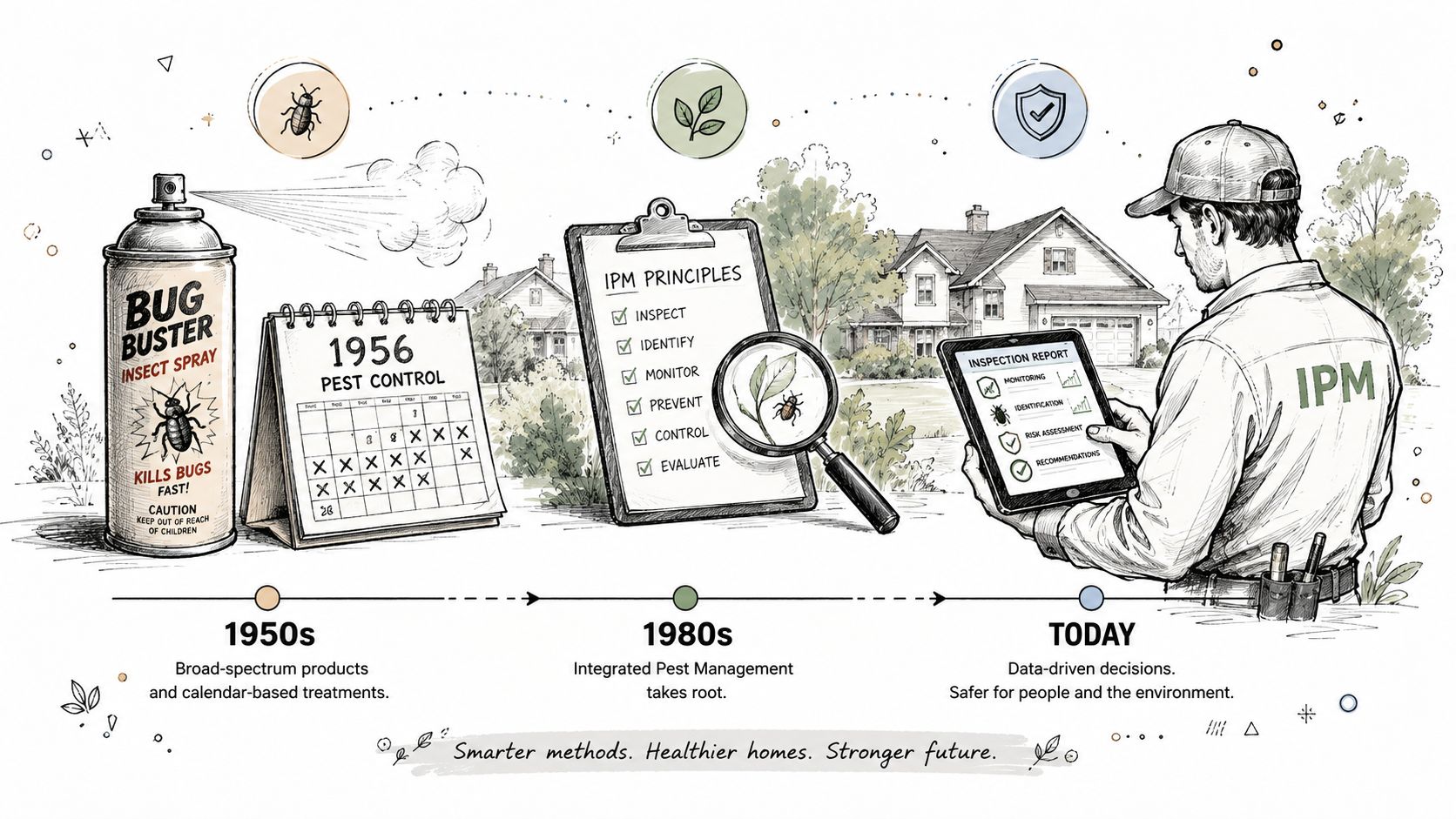 An illustration showing the evolution from 1950s chemical sprays to modern data-driven integrated pest management services.