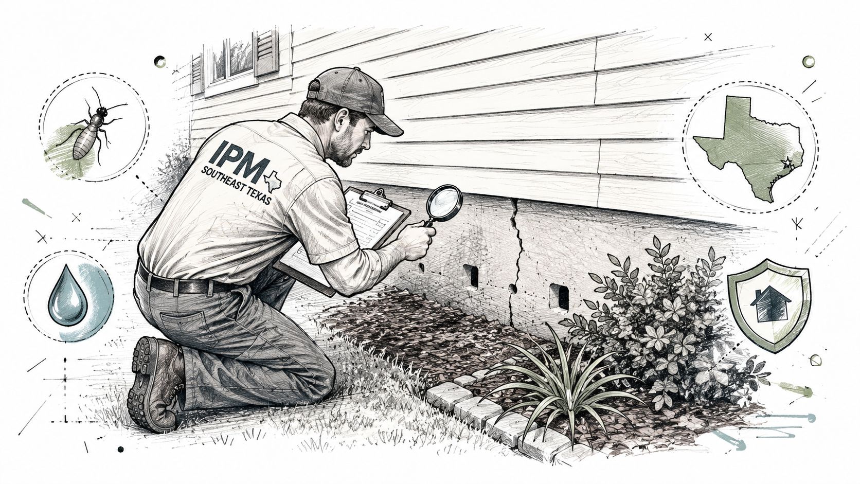 A professional pest control technician inspecting the foundation of a house for signs of infestation.