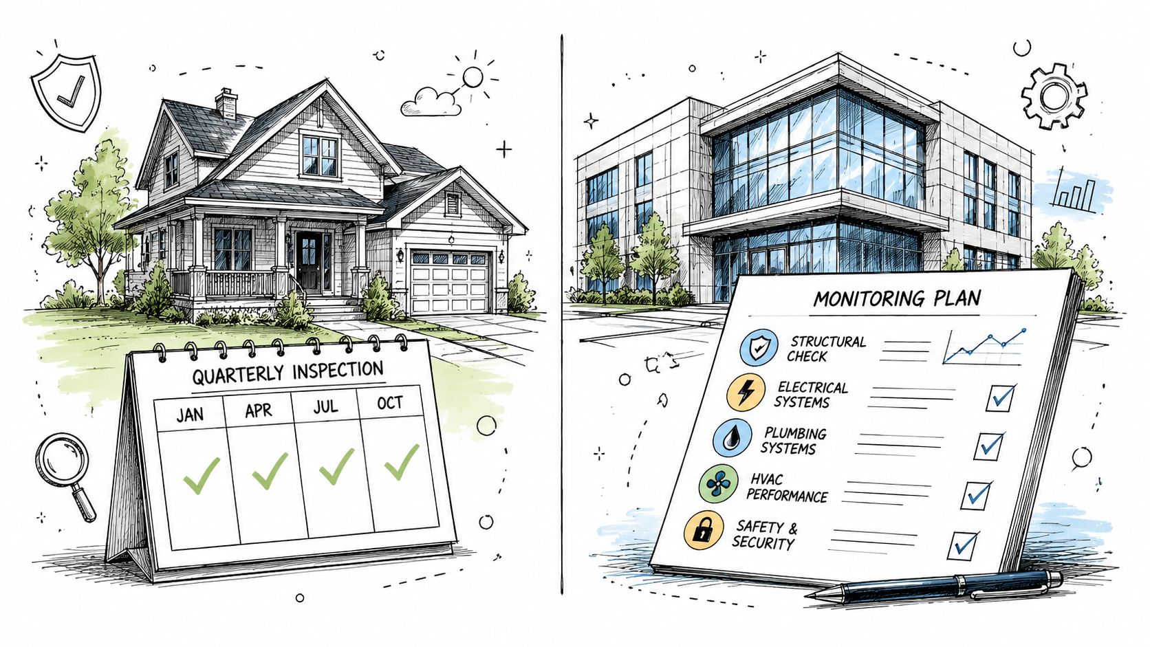 A split illustration showing a residential house with a quarterly inspection calendar and a commercial building with a monitoring plan checklist.