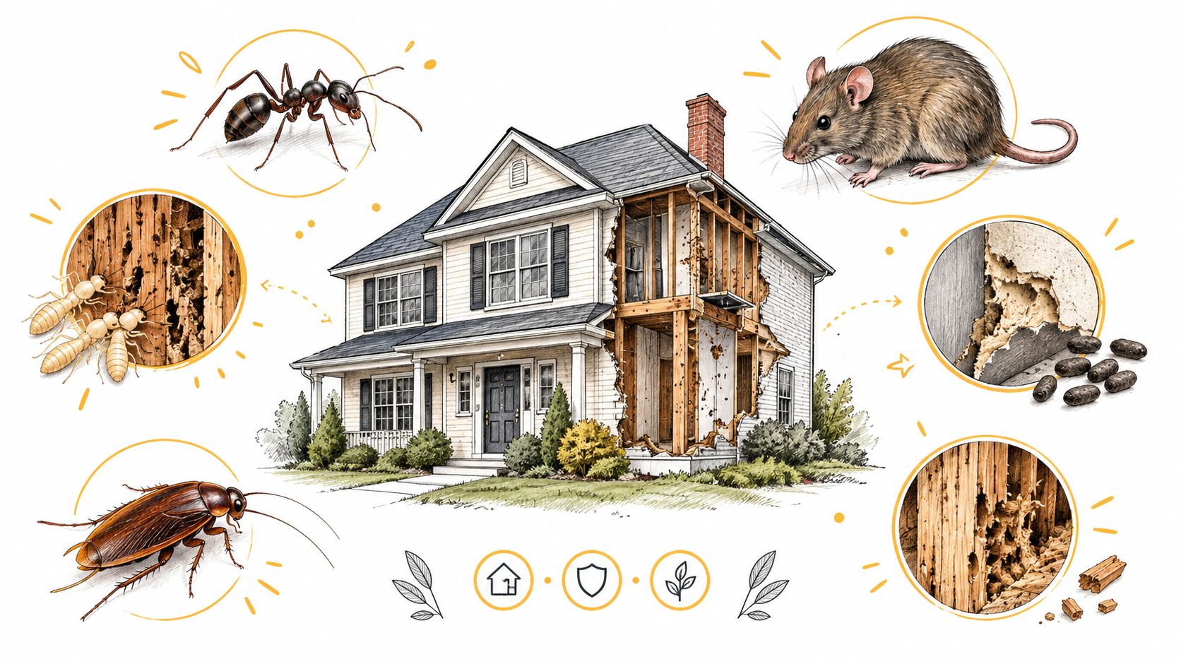 A detailed illustration showing a residential house suffering from various common pest infestations and structural damage.
