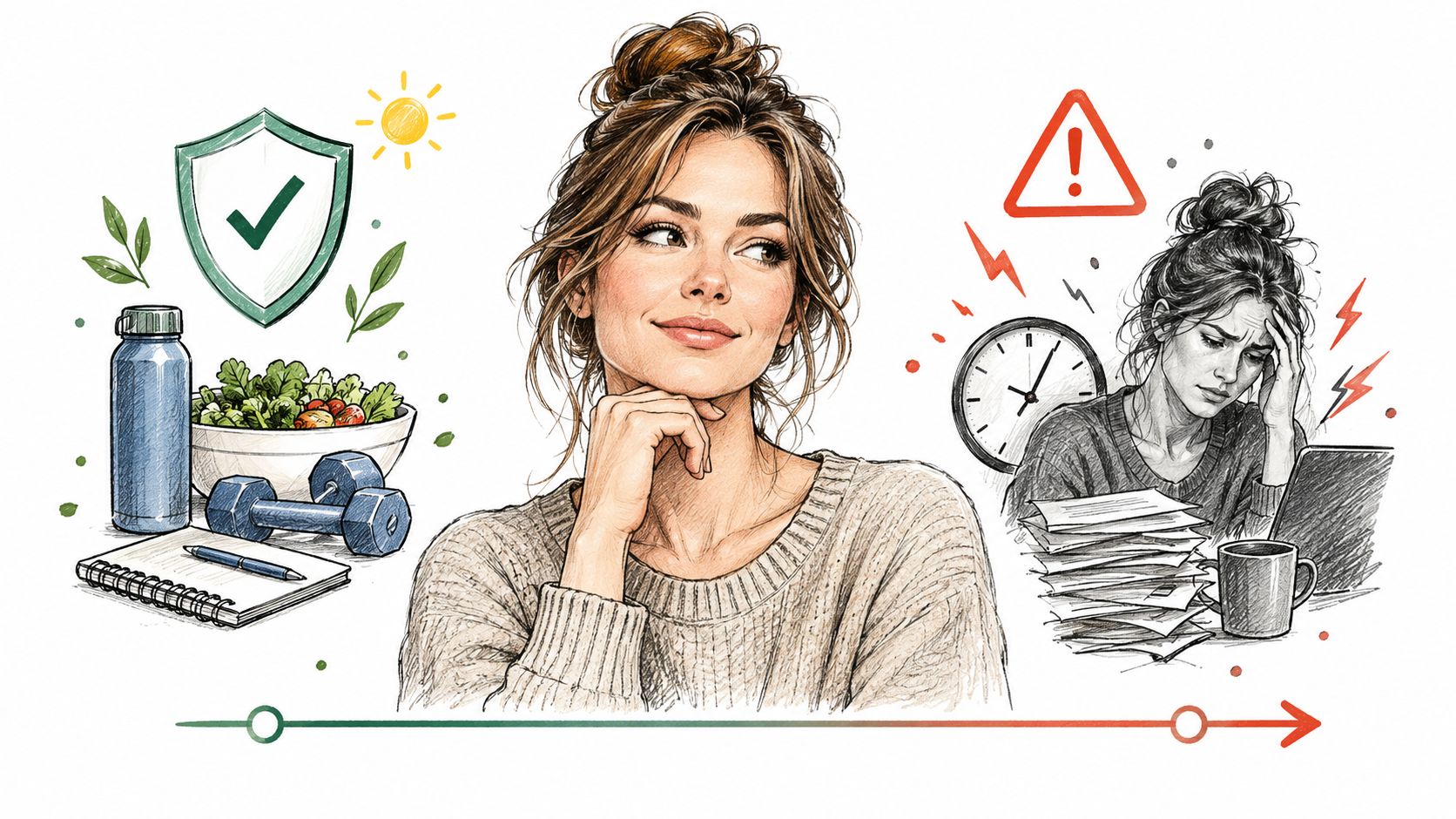 A conceptual illustration contrasting a healthy, balanced lifestyle with one overwhelmed by stress and heavy workload.