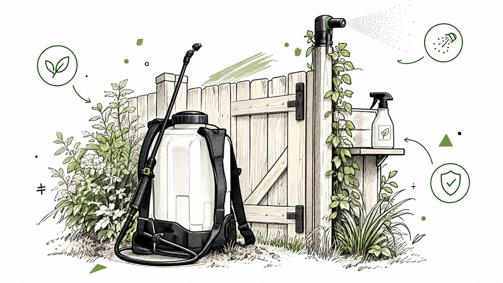 A backpack sprayer and a small spray bottle set against a wooden garden gate for pest control.