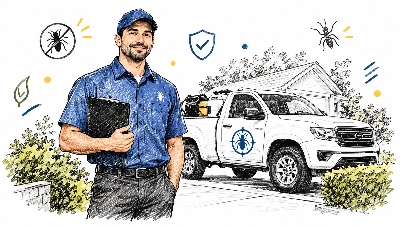 A professional pest control technician stands in front of a service truck with a clipboard in hand.