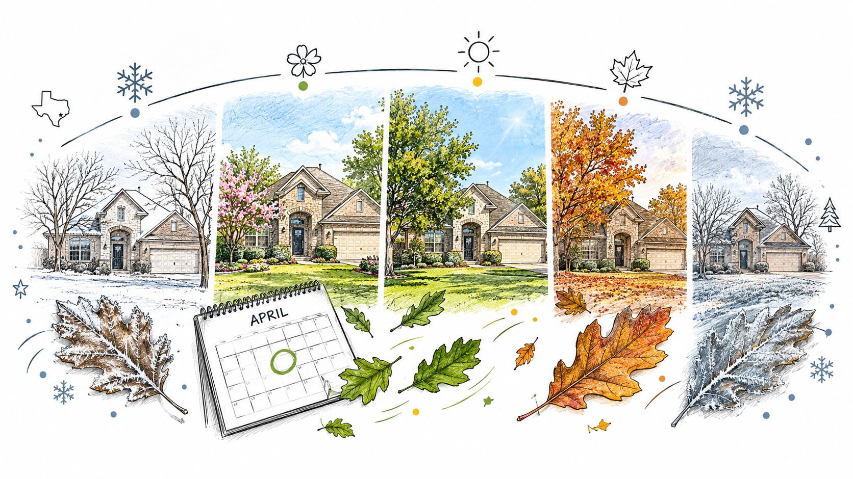 A house illustration showing seasonal landscape changes throughout the year with a calendar highlighting the month of April.