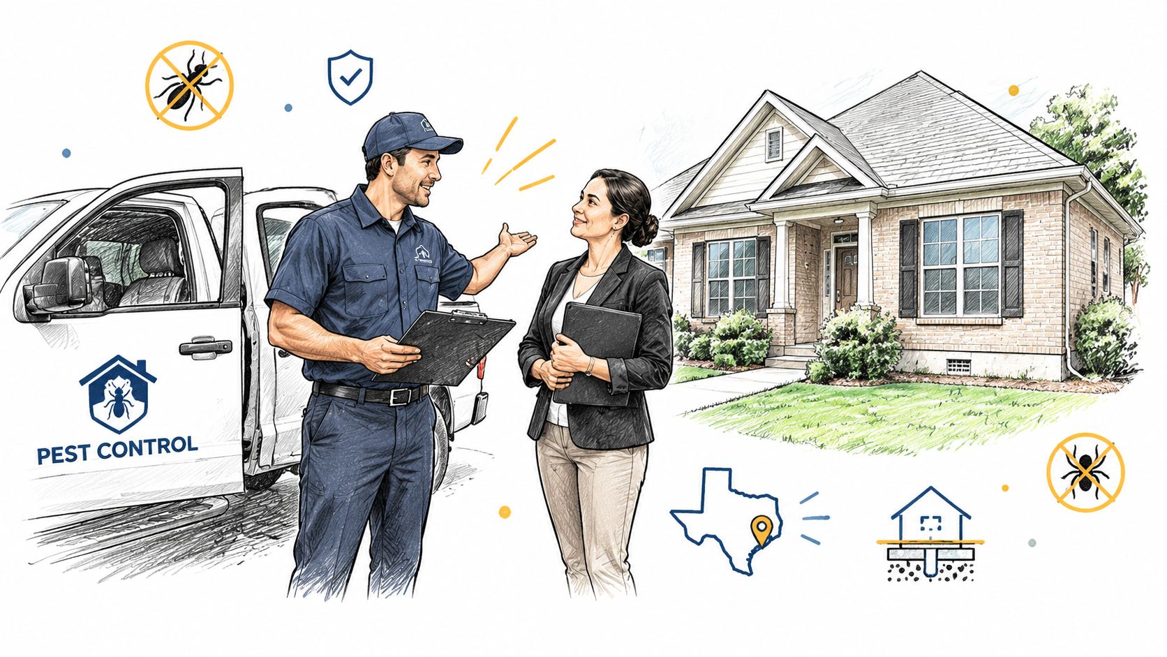 A professional pest control technician in uniform consulting with a homeowner in front of a residential house.