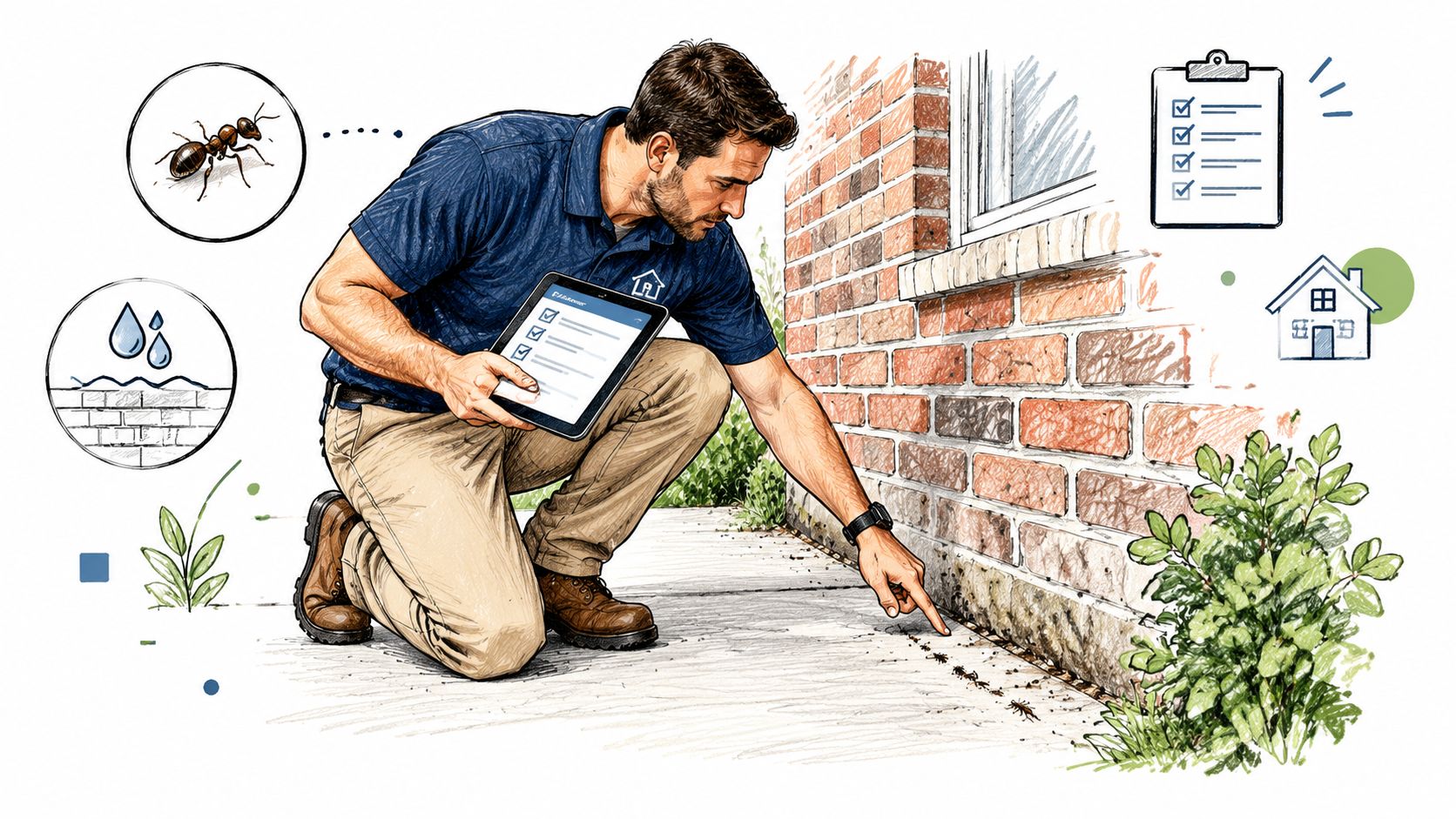 A professional pest control technician inspects an ant trail along the exterior brick wall of a home.