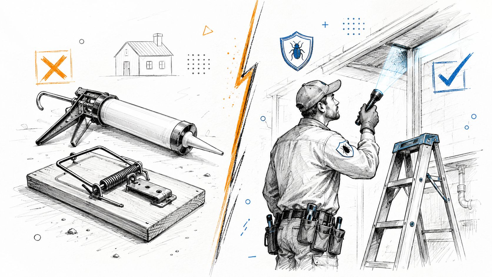 A split illustration comparing DIY pest control tools with a professional inspector examining a building for pests.