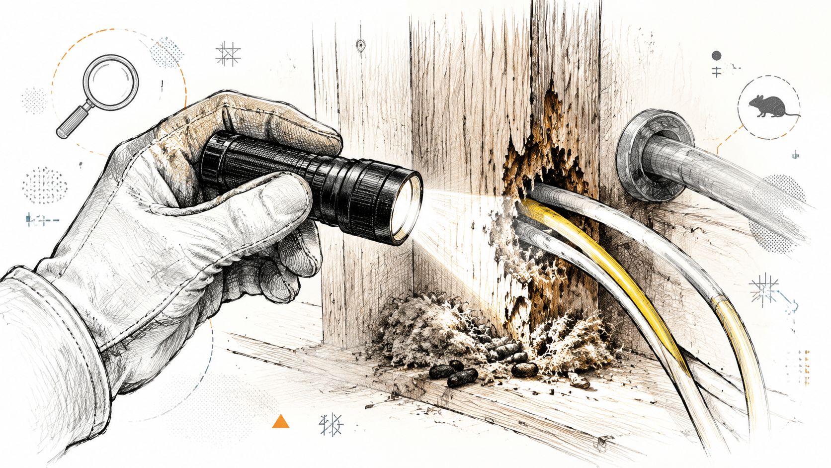 A gloved hand uses a flashlight to inspect a hole in a wooden wall showing rodent damage.