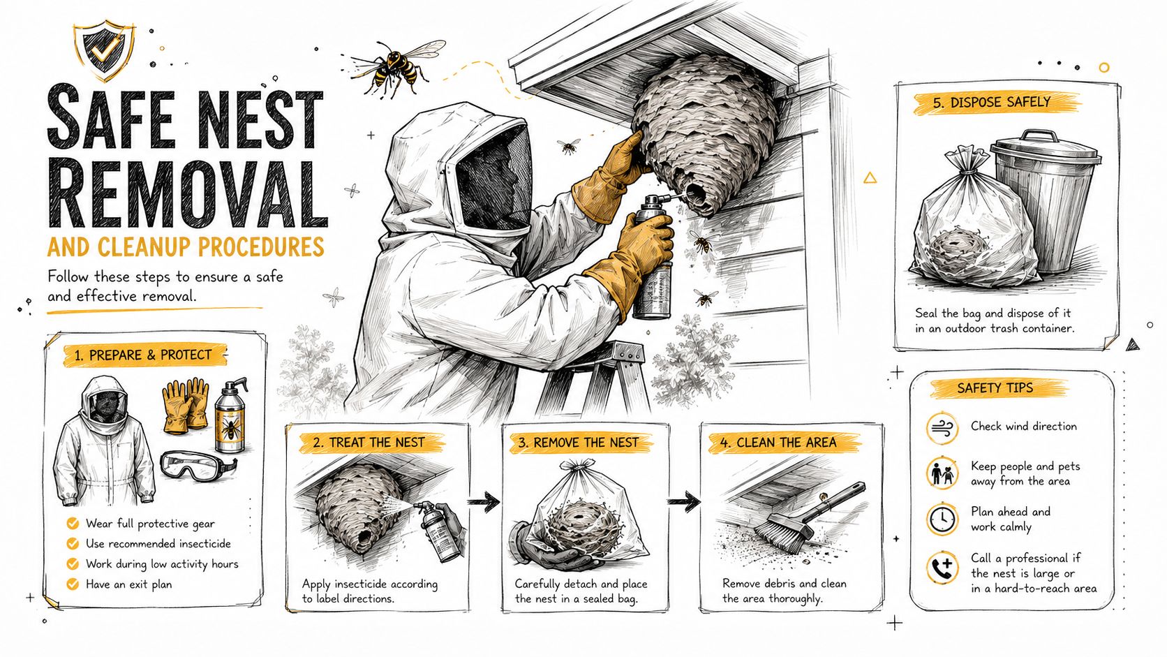 An illustrated guide demonstrating safe steps for removing a wasp or hornet nest from a house.