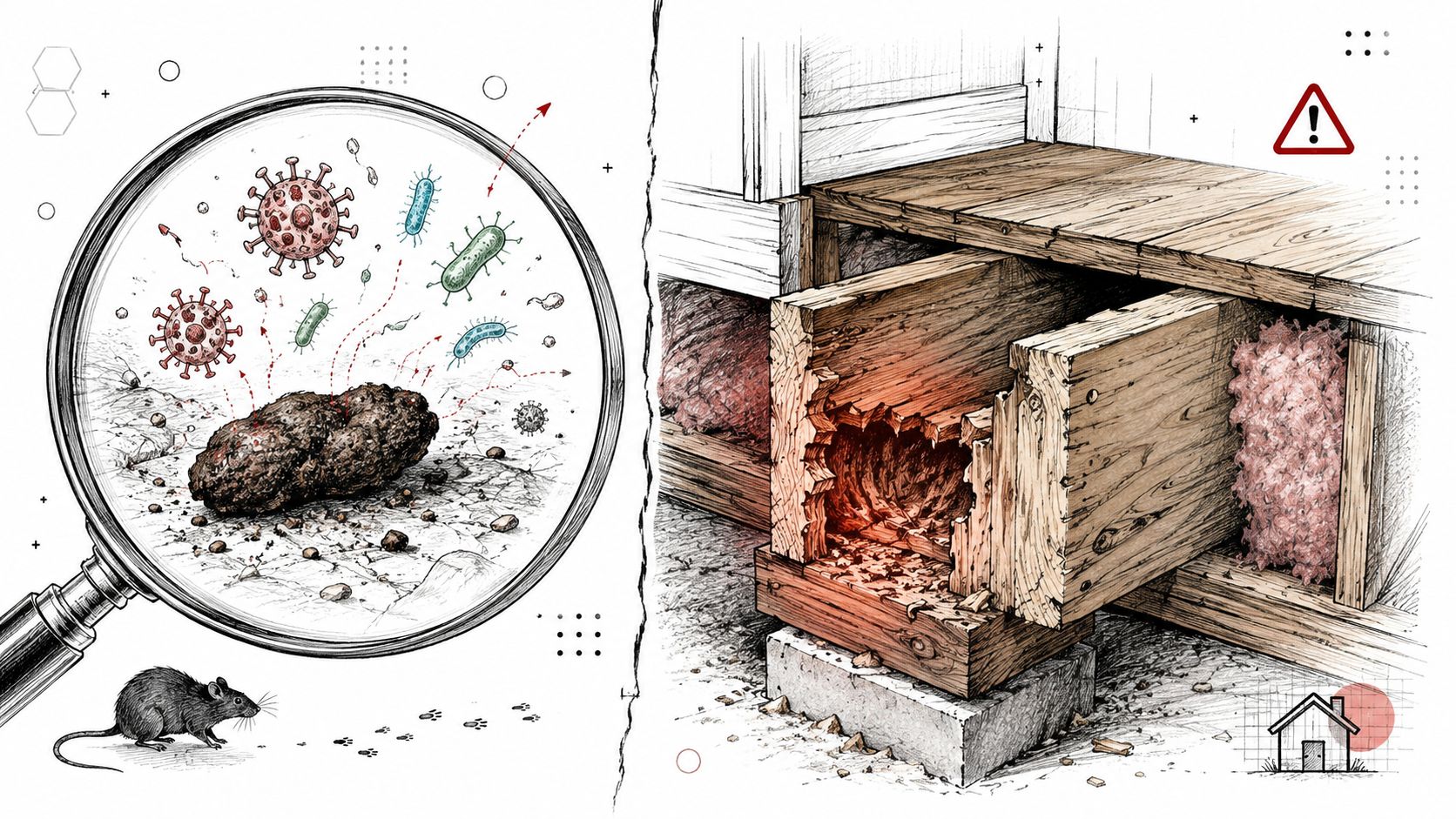 A magnifying glass showing germs on rat droppings beside a damaged wooden house structure with insulation.