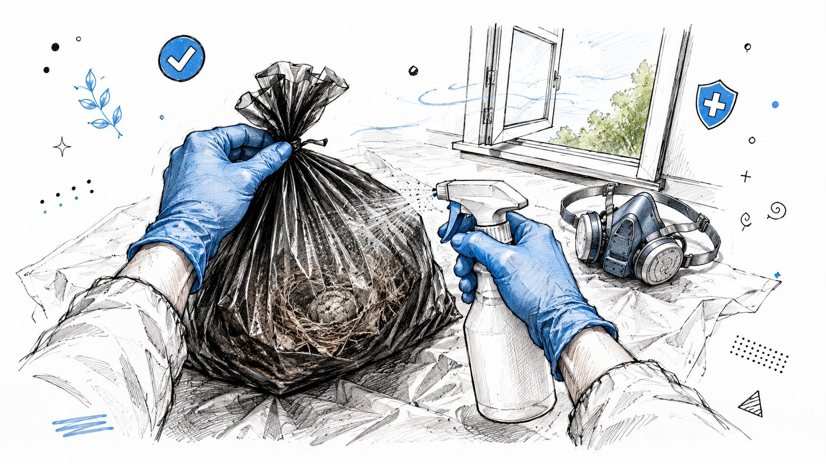 A person wearing blue protective gloves sprays a solution onto a rat's nest inside a black bag.