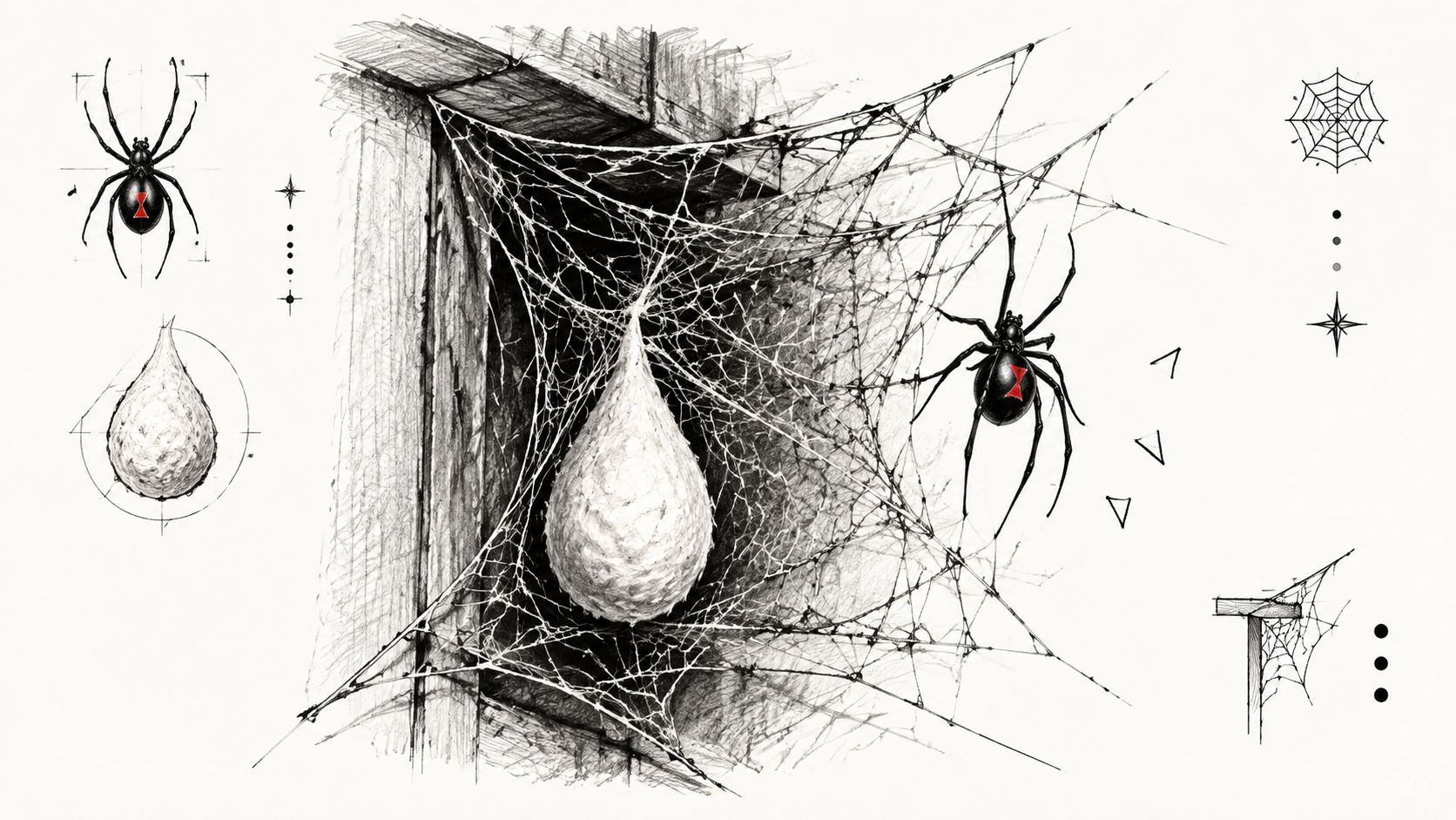 A detailed charcoal sketch illustrating a black widow spider, its egg sac, and its complex web construction.