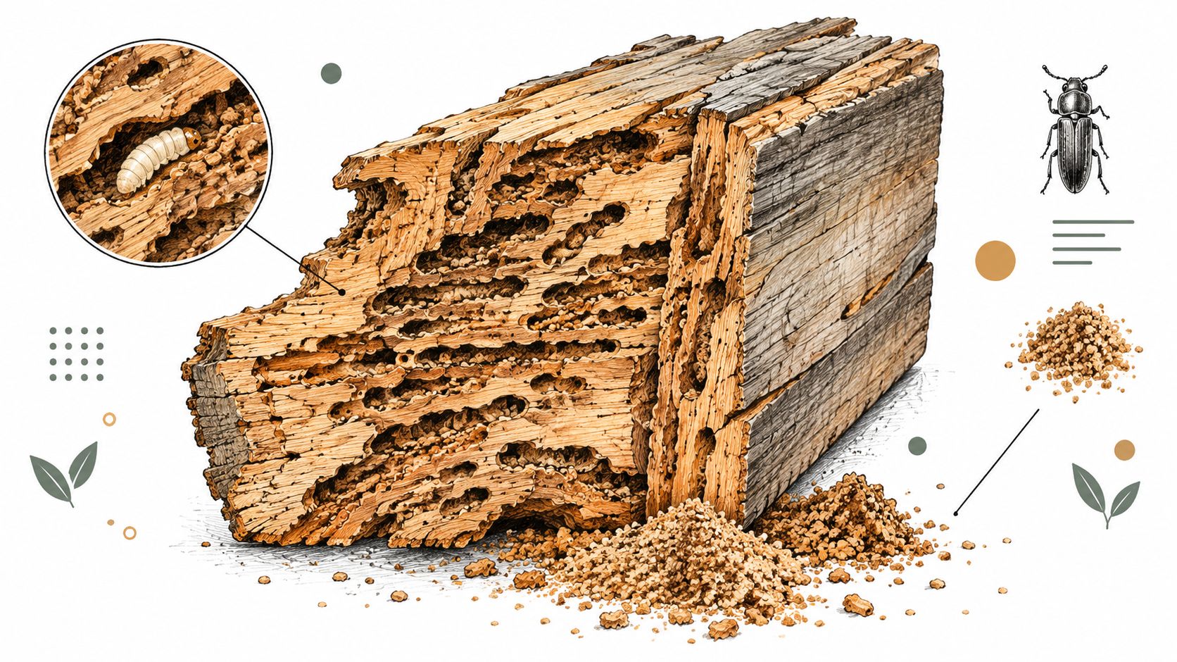 A detailed illustration showing a piece of damaged wood infested by wood-boring beetle larvae and their debris.