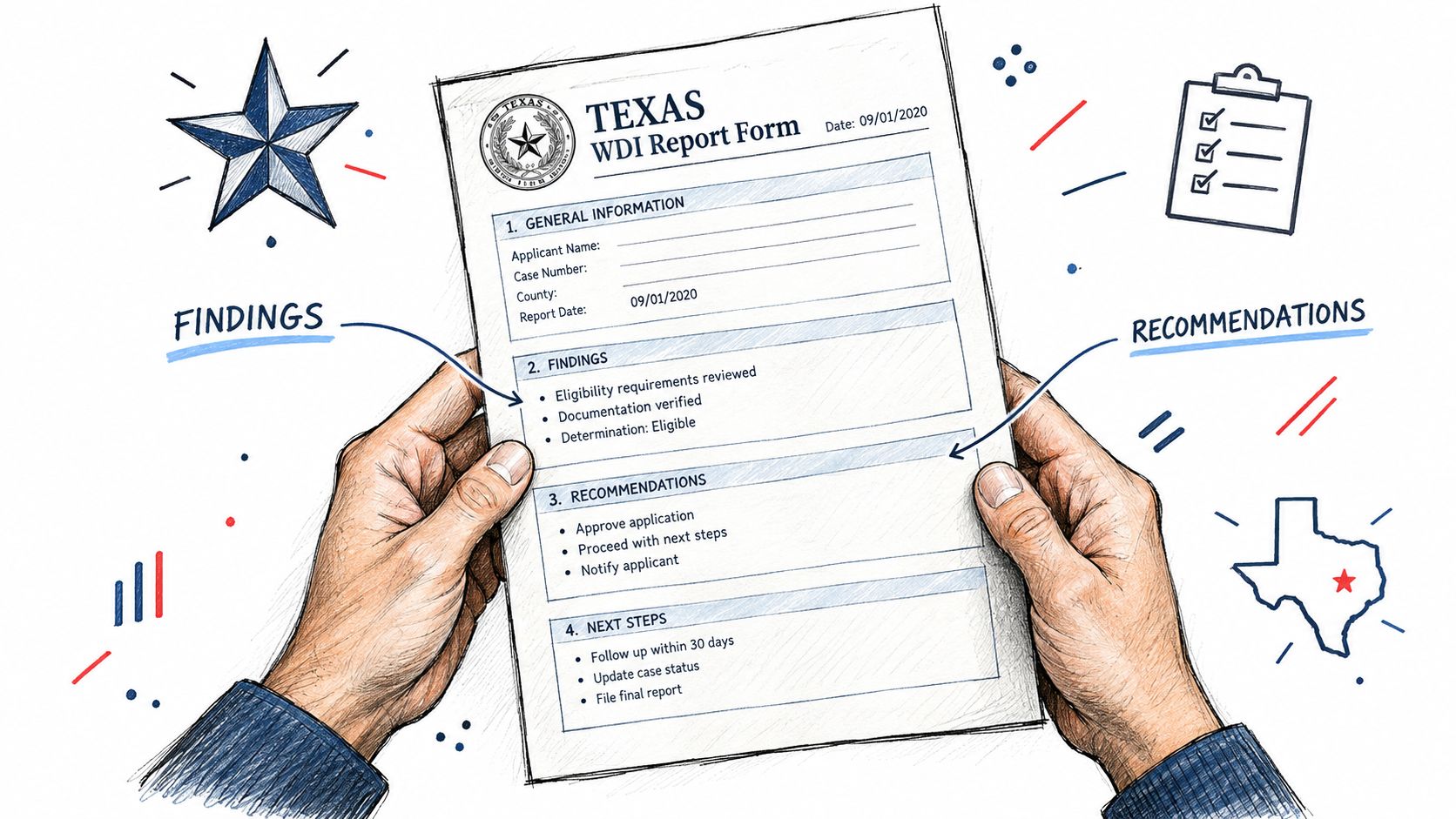 A person holding a Texas WDI Report Form displaying findings, recommendations, and next steps for a document.