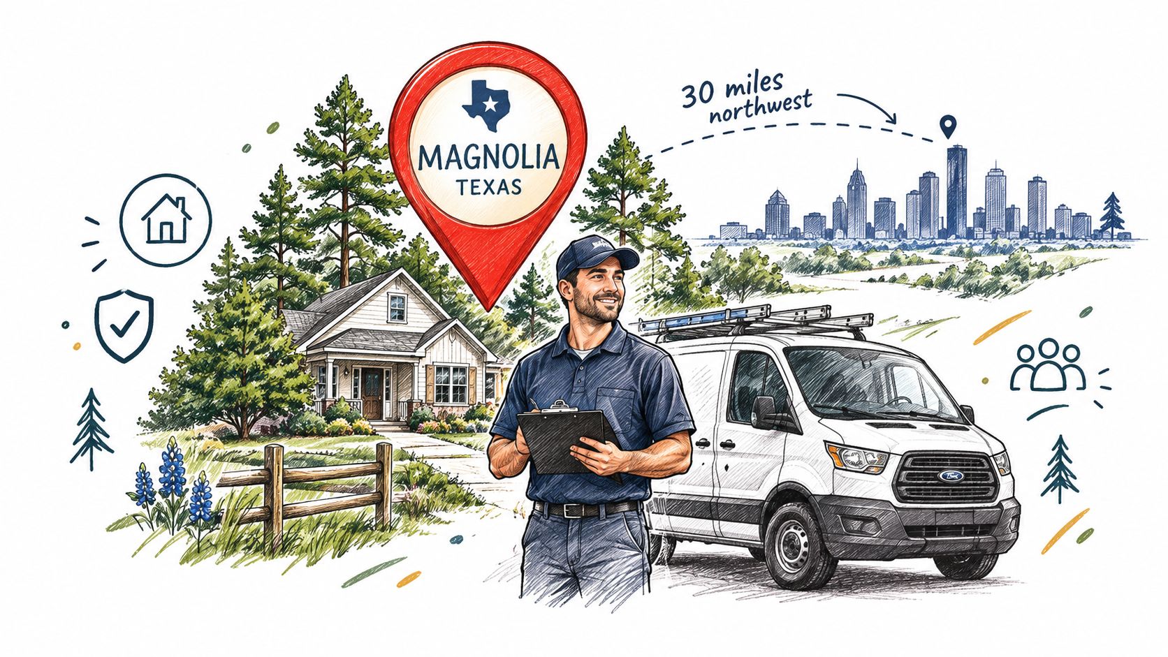 A service professional with a clipboard and van near a house in Magnolia, Texas for inspection services.