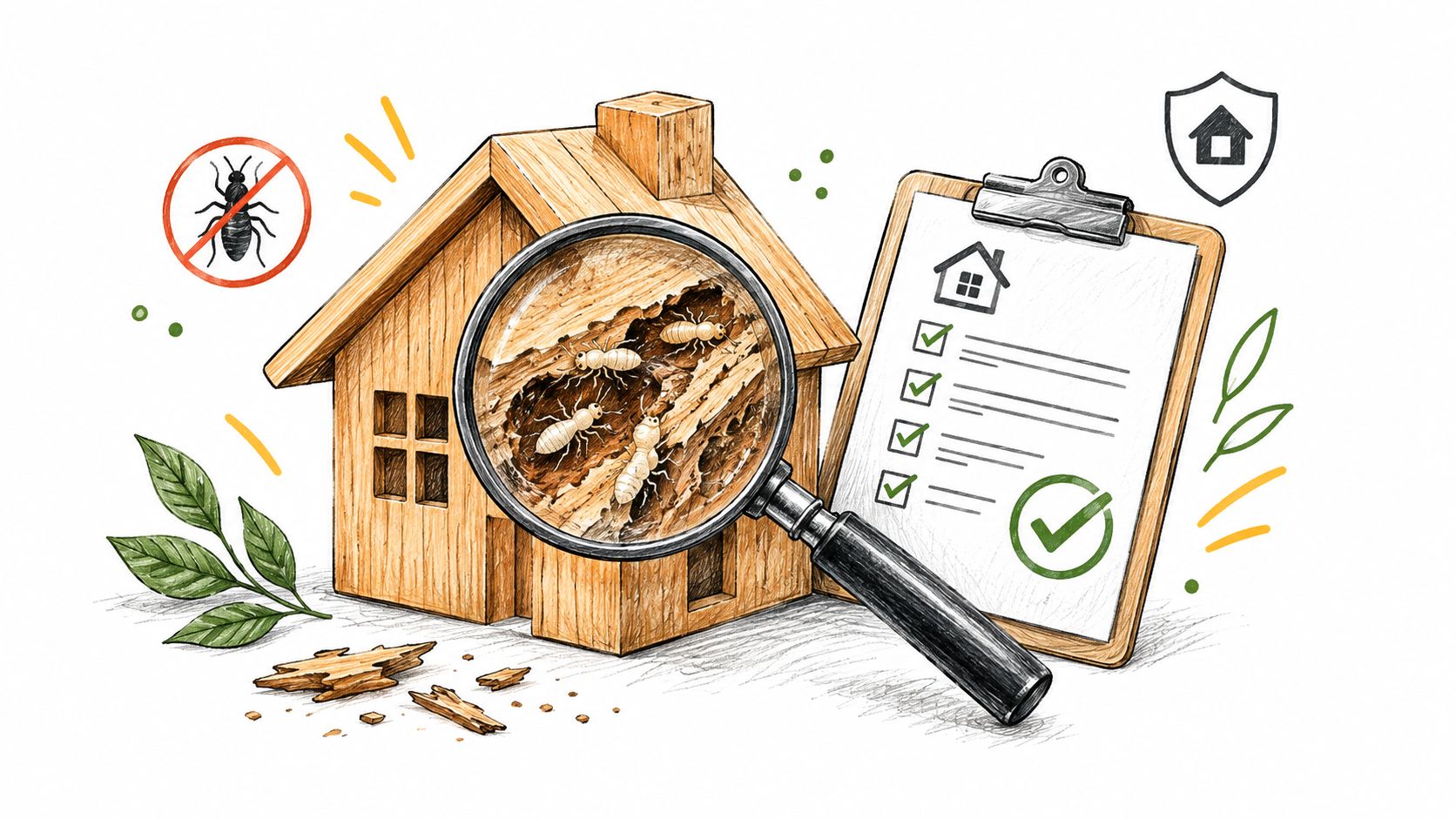 A magnifying glass inspecting termites inside a wooden house model next to a completed checklist.