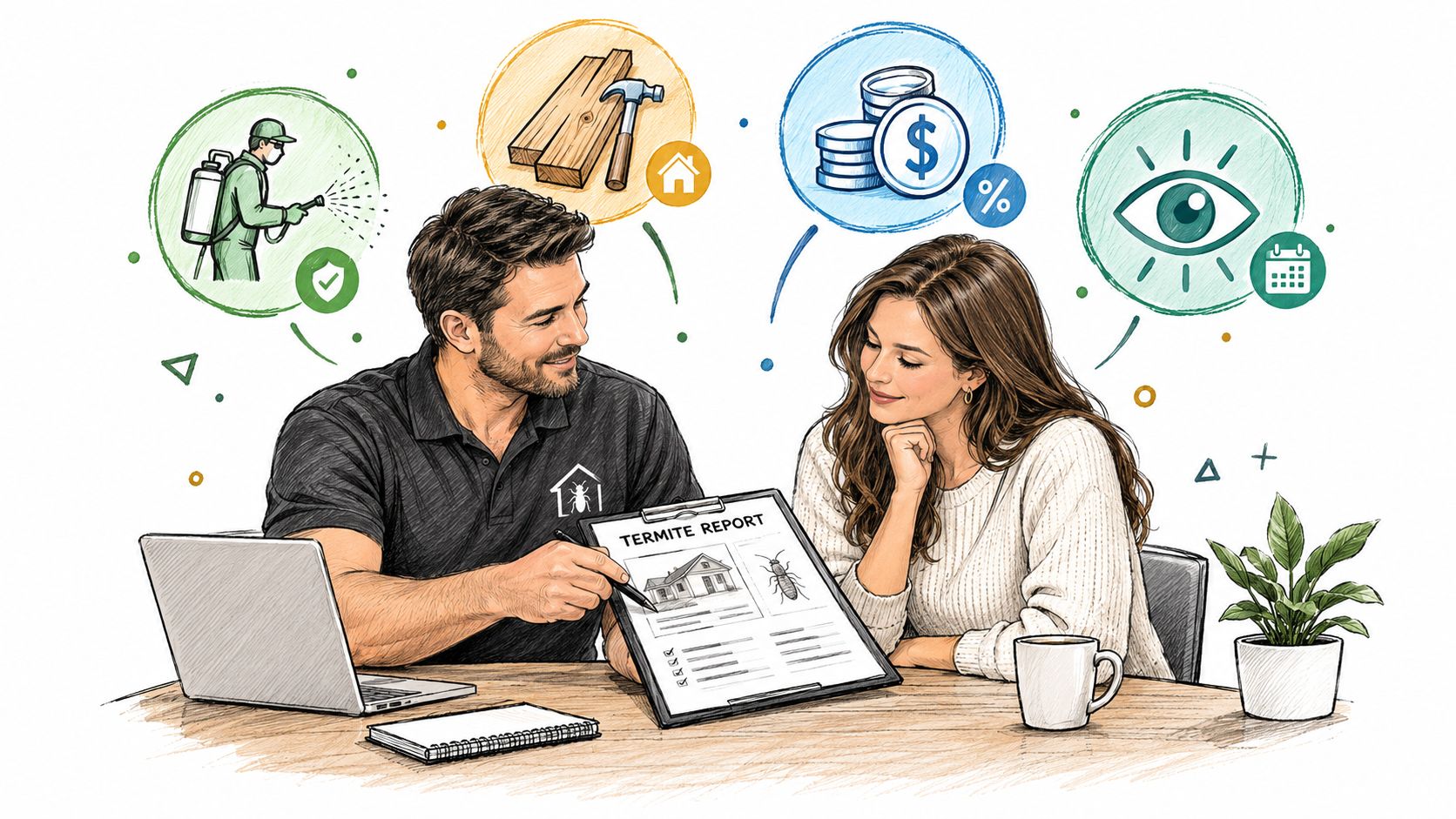 A professional pest control expert reviewing a termite inspection report with a homeowner at a desk.
