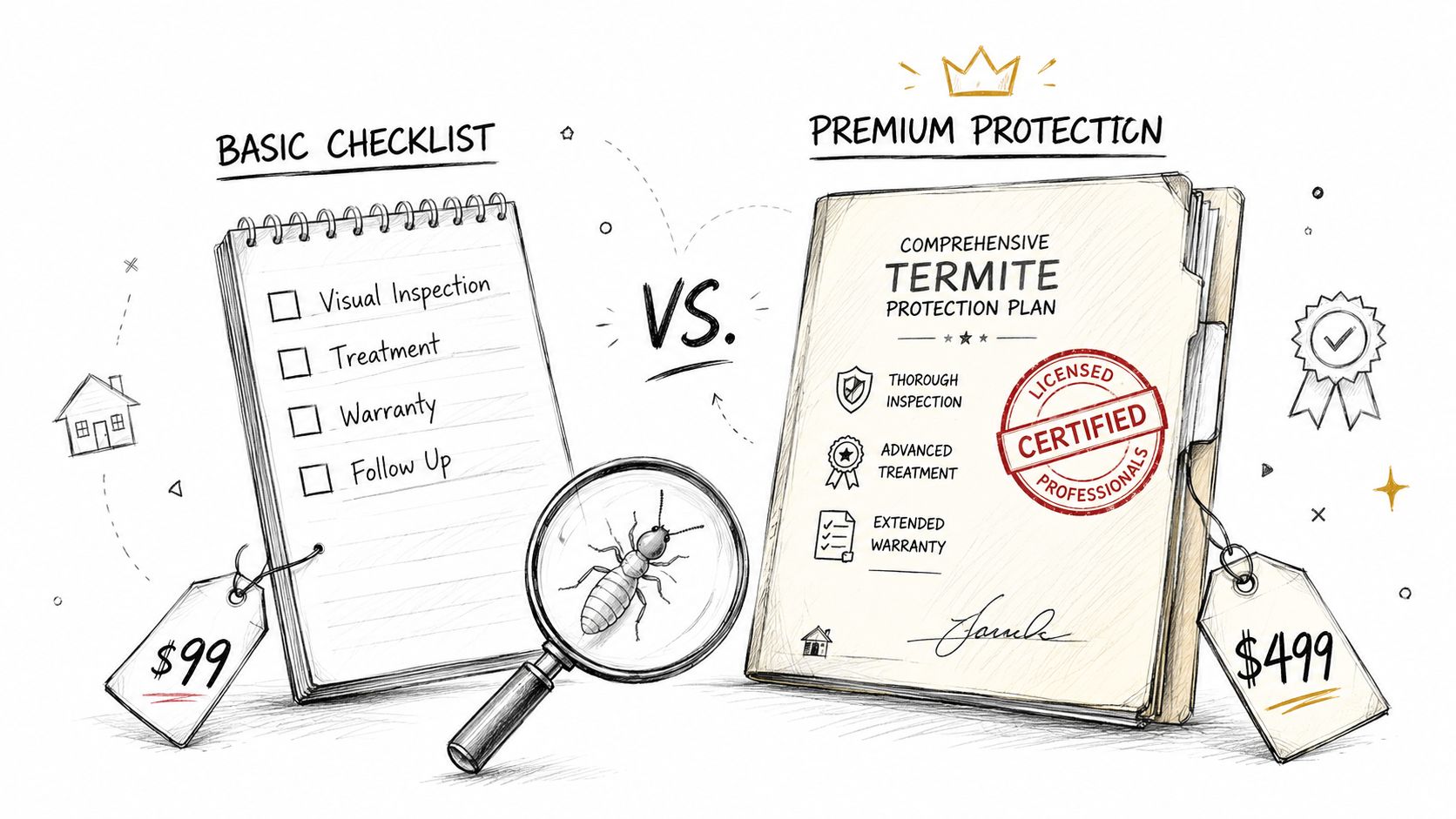 A hand-drawn illustration comparing termite inspection costs, showing a basic checklist for ninety-nine dollars versus premium protection for four hundred ninety-nine dollars.