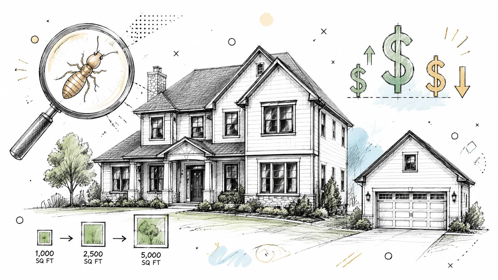 A line drawing illustration showing a house with a magnifying glass over a termite and price symbols.