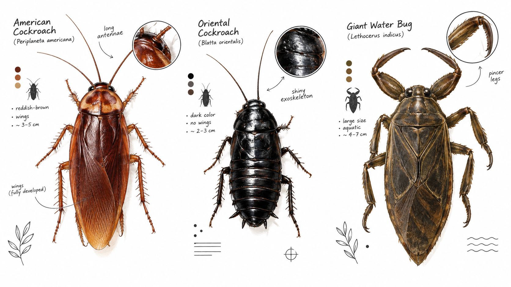 A detailed illustration comparing the American cockroach, Oriental cockroach, and giant water bug with descriptive labels.