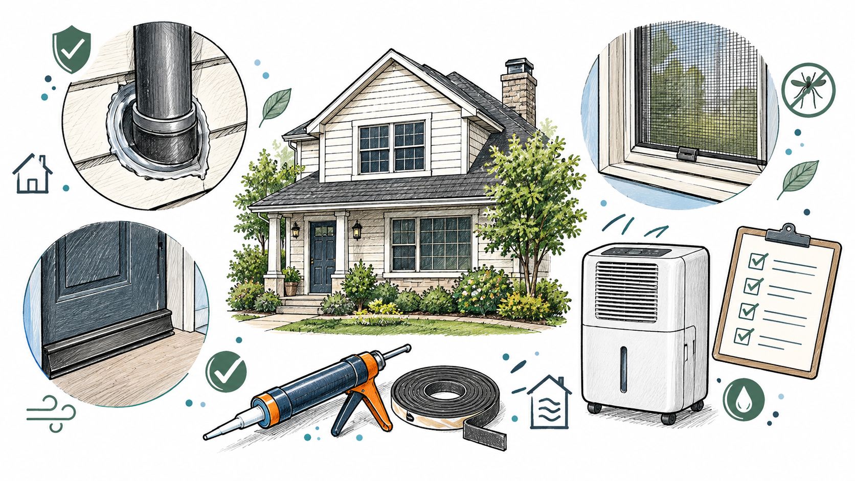 An illustration showing various home maintenance tasks to prevent pests and manage moisture around a house.