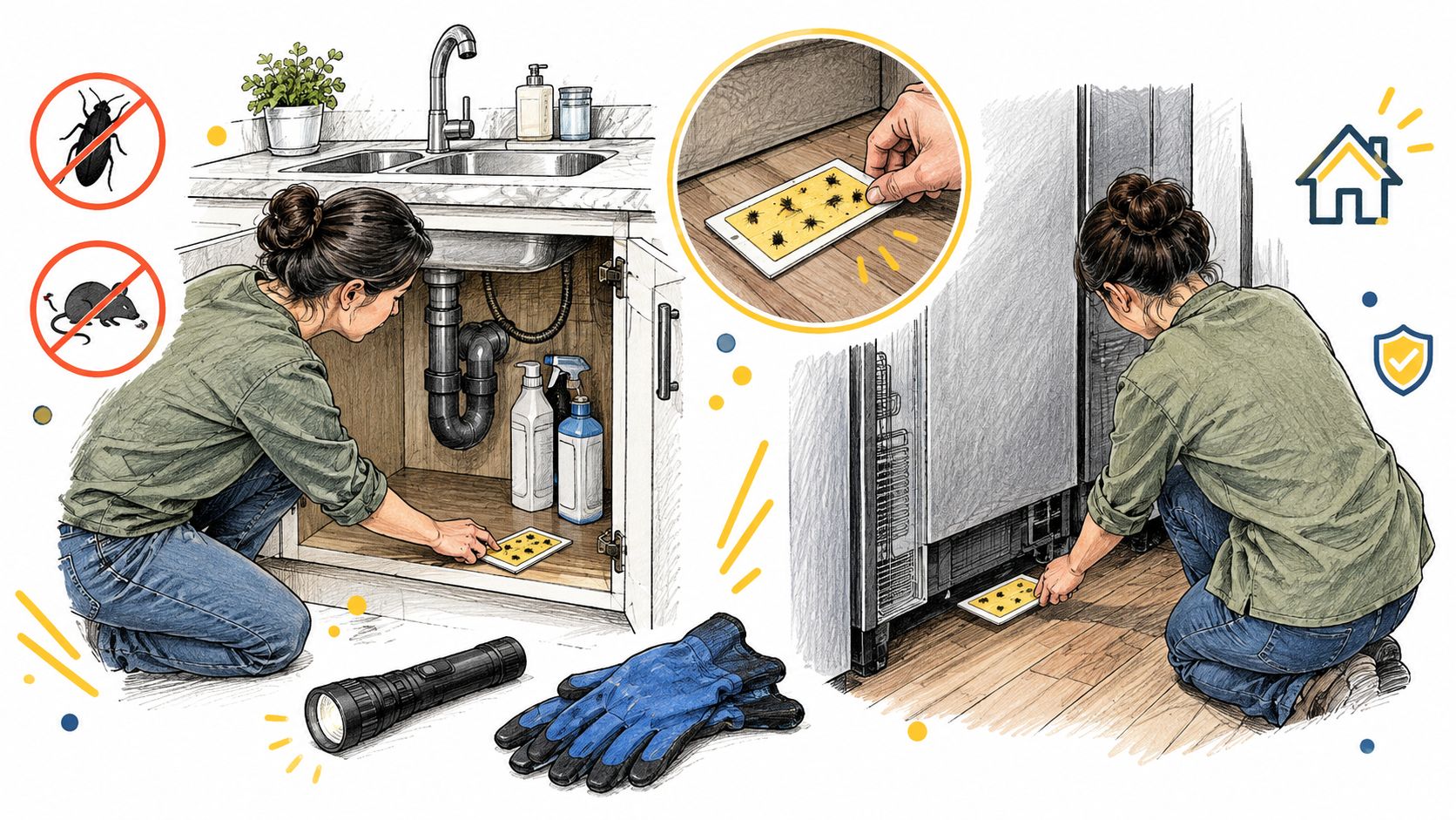 A woman placing glue traps for pests like cockroaches and mice in a home kitchen environment.