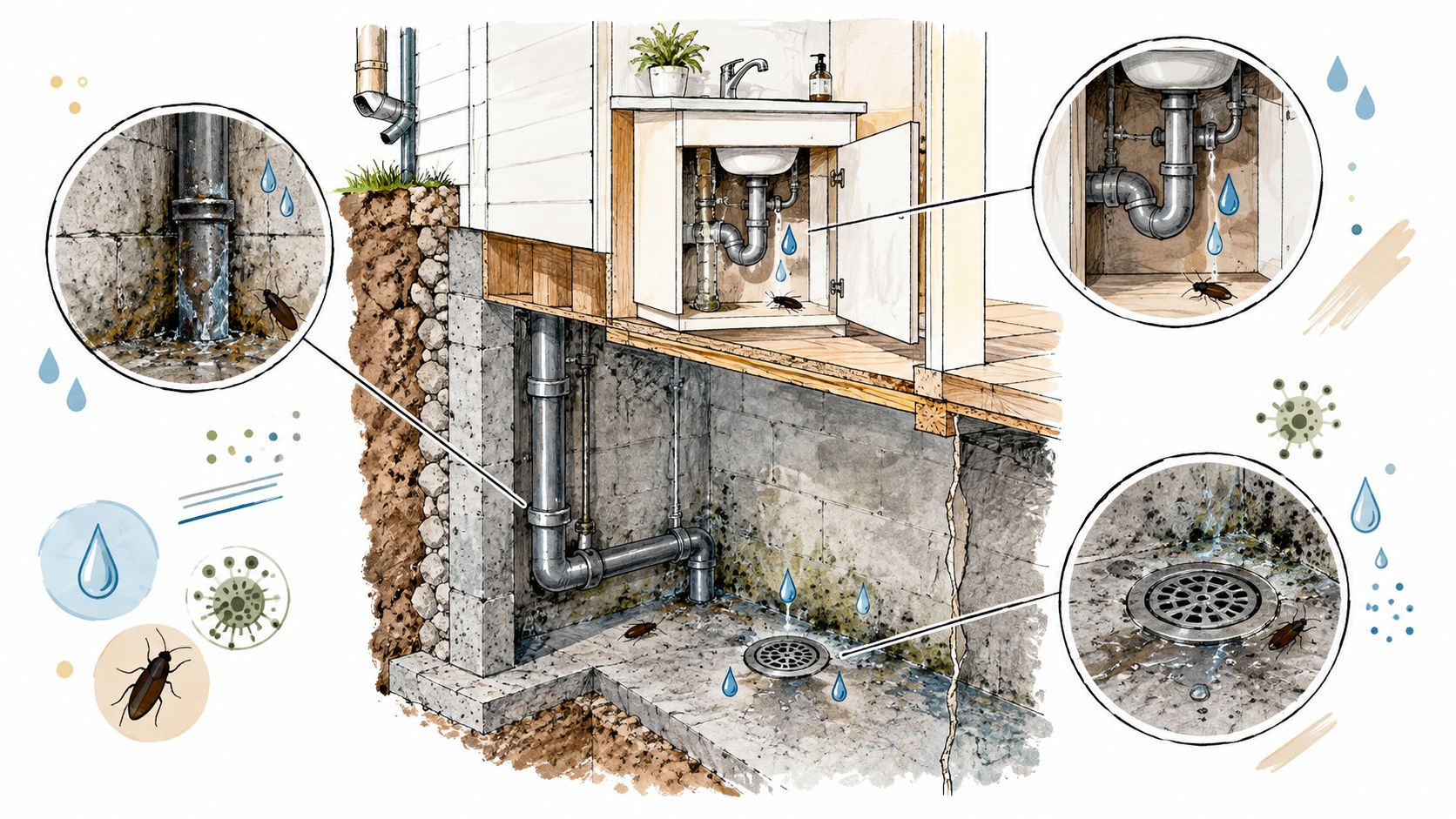 A diagram illustrating common household sources of water bugs including leaky pipes and damp basement drainage areas.