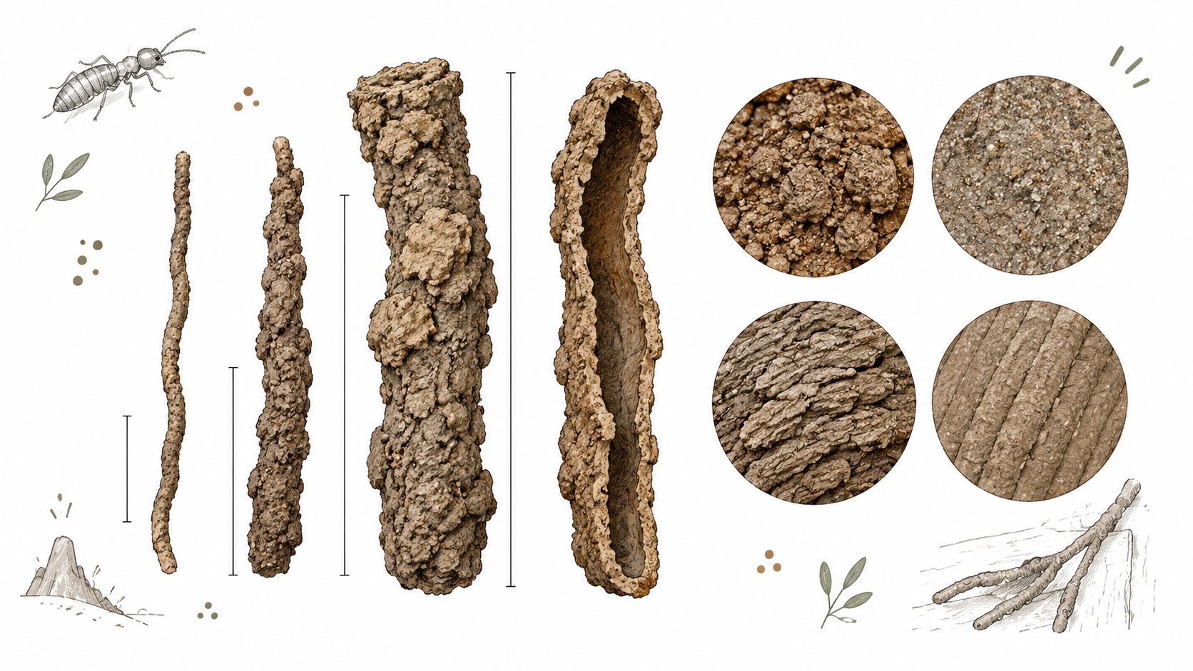 A detailed illustration displaying various shapes and textures of termite tunnels and earthen tubes with an insect.