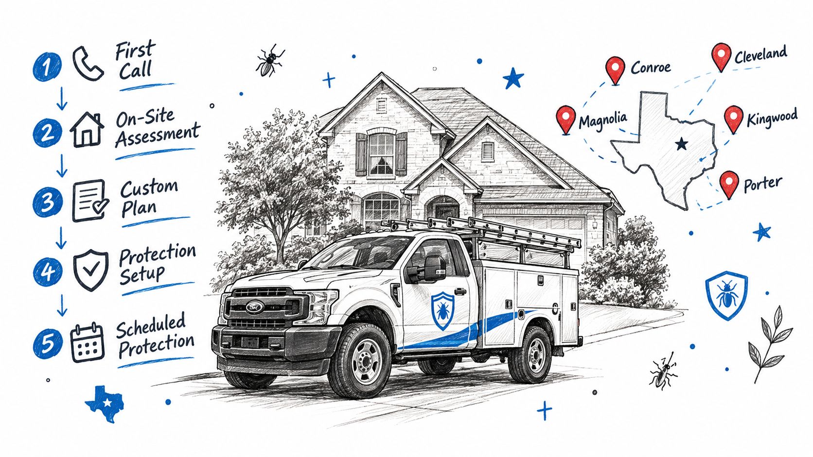An infographic illustrating the five-step pest control process for residential properties, showing service areas in Texas.