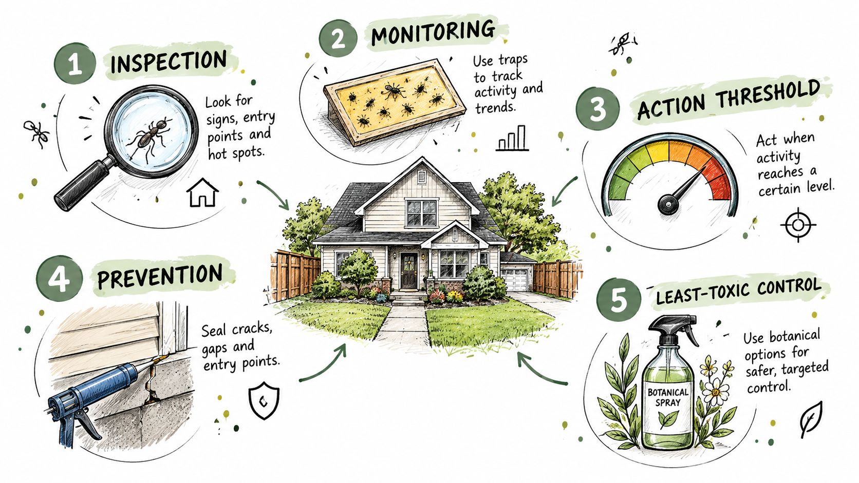An infographic illustrating the five steps of integrated pest management for homeowners, featuring inspection, monitoring, and prevention.