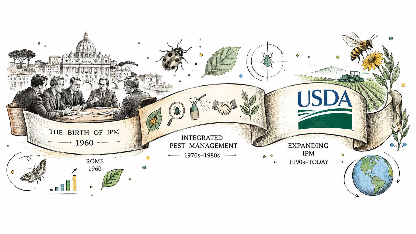 A timeline illustration depicting the history and development of Integrated Pest Management from 1960 to today.