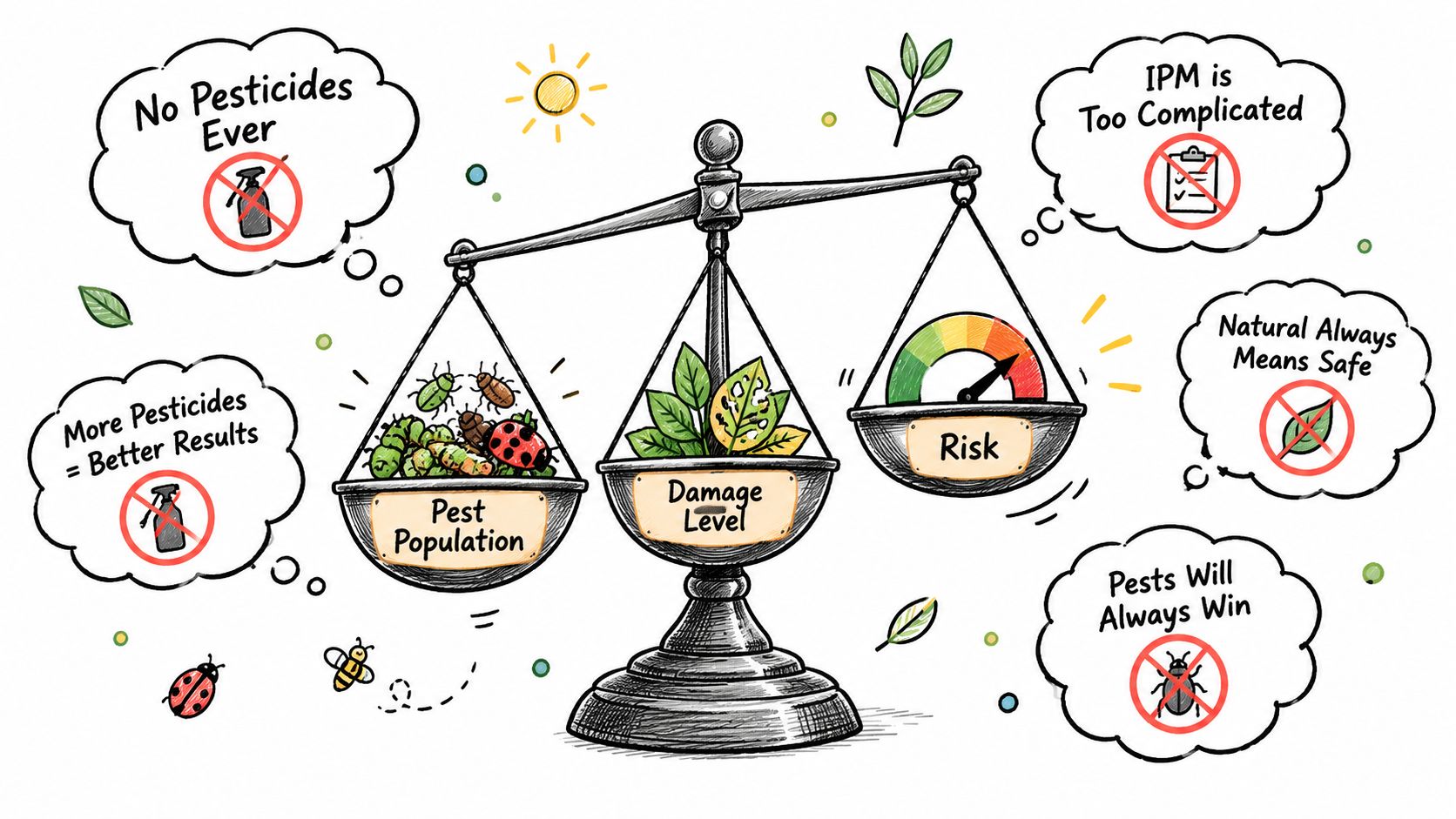 A diagram of a balance scale illustrating common myths and facts about Integrated Pest Management.