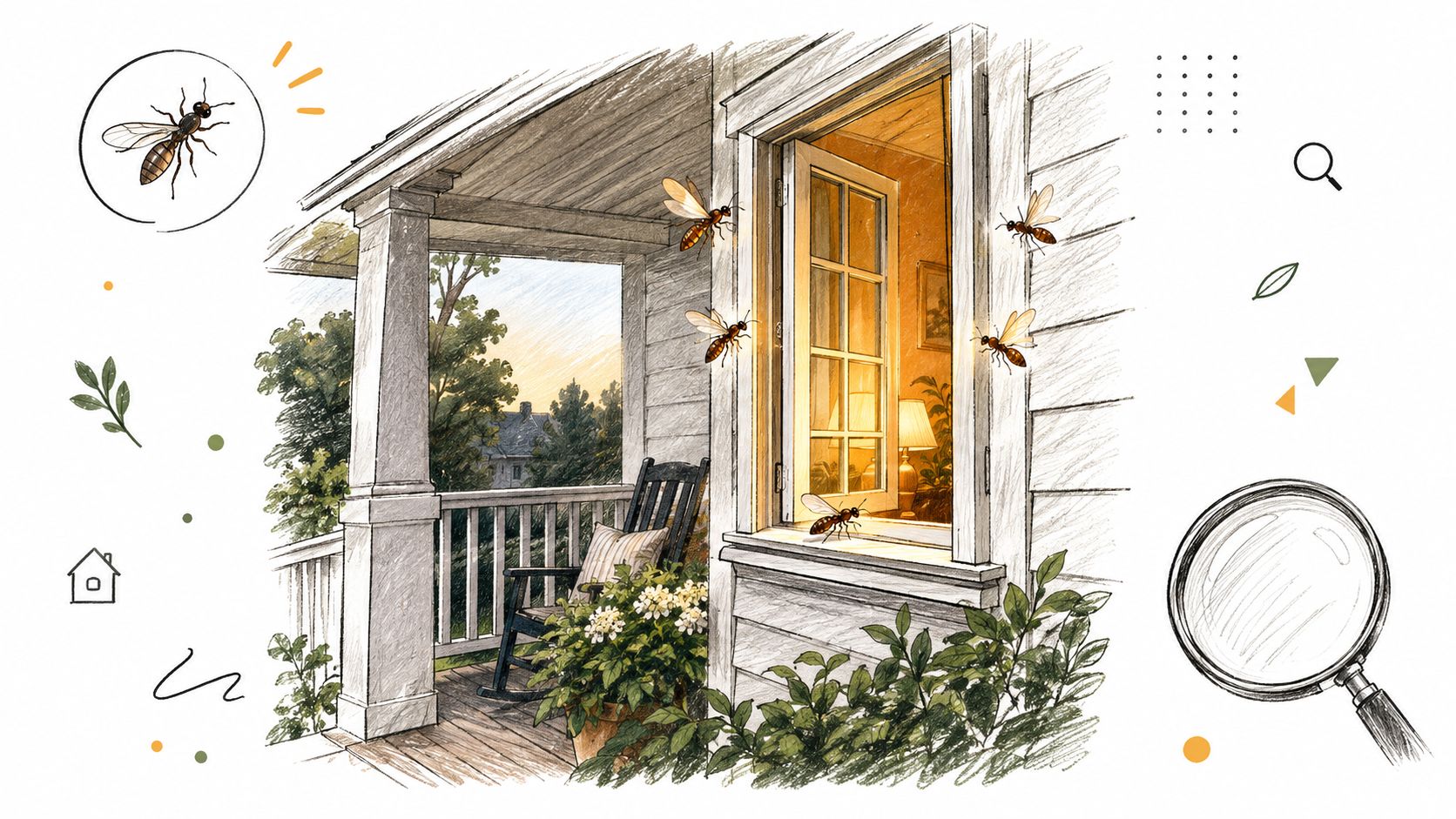 A pencil sketch style illustration showing a house porch with a winged ant infestation near windows.