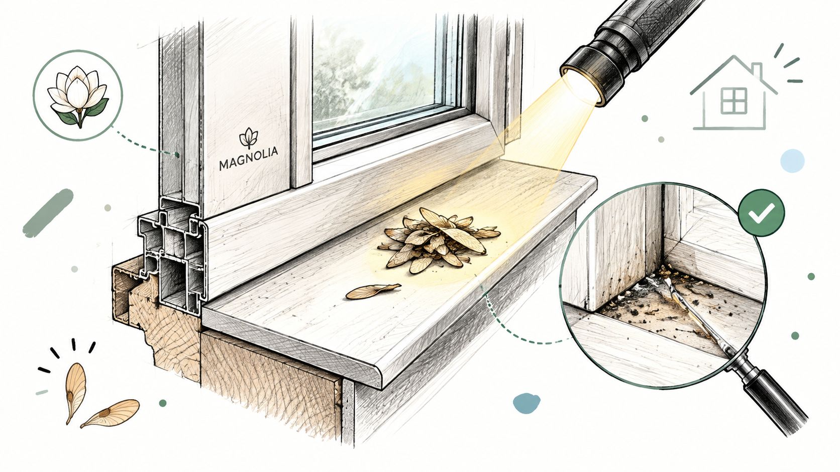 A detailed illustration showing a flashlight inspecting a window sill for signs of a winged ant infestation.