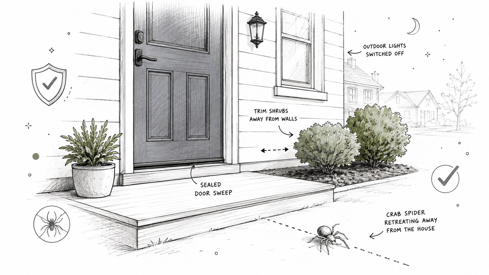 A diagram illustrating preventative pest control methods around a house, including trimming shrubs and sealing door sweeps.