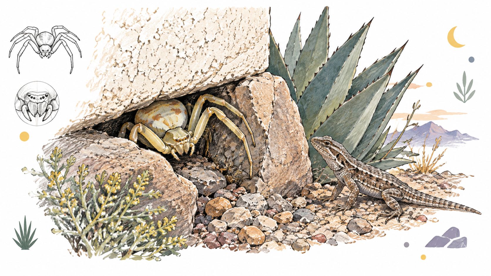 A detailed illustration of a desert crab spider in a rock crevice facing a small lizard.