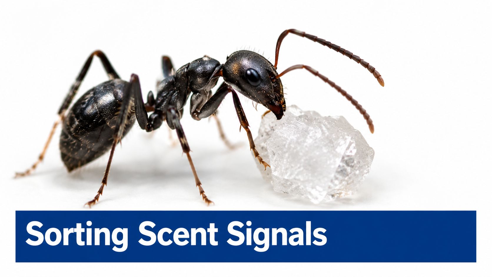 A close-up of a black ant examining a piece of white crystal or sugar on white background.