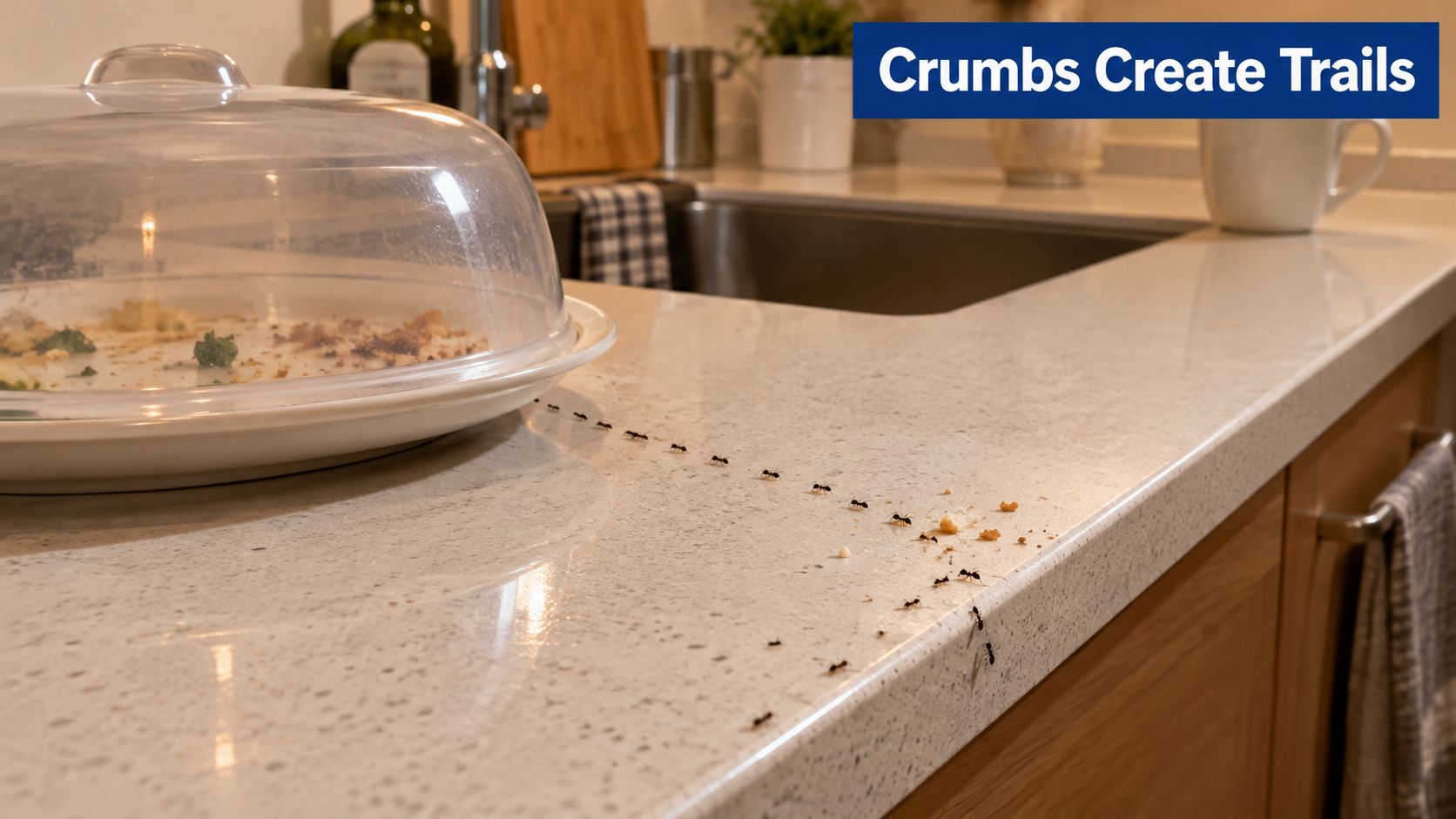 A line of ants follows a trail of crumbs leading from a food cover on a kitchen counter.