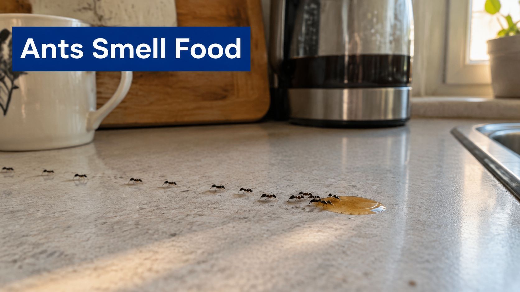 A line of ants marching across a kitchen countertop towards a small spill of honey or syrup.