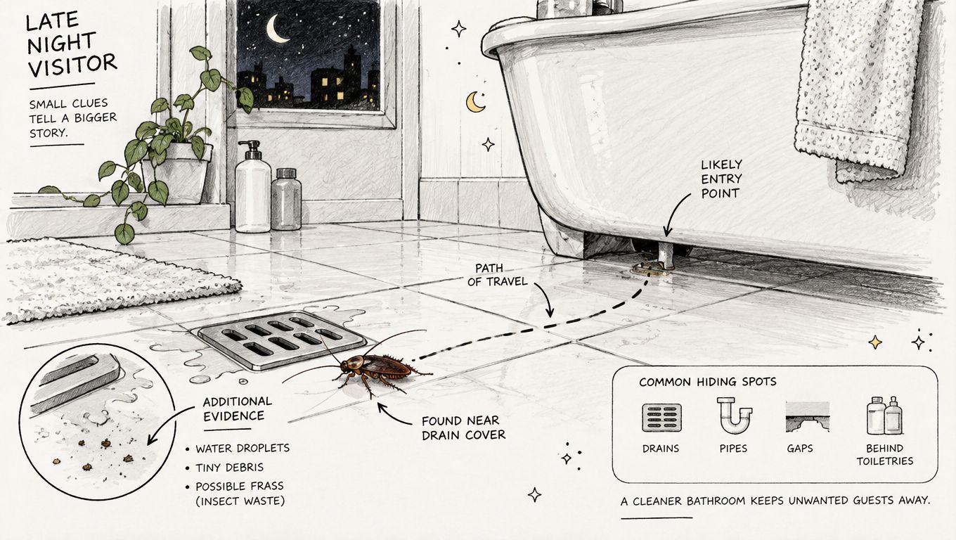 A hand-drawn illustration depicting a cockroach in a bathroom, highlighting common hiding spots and entry points.