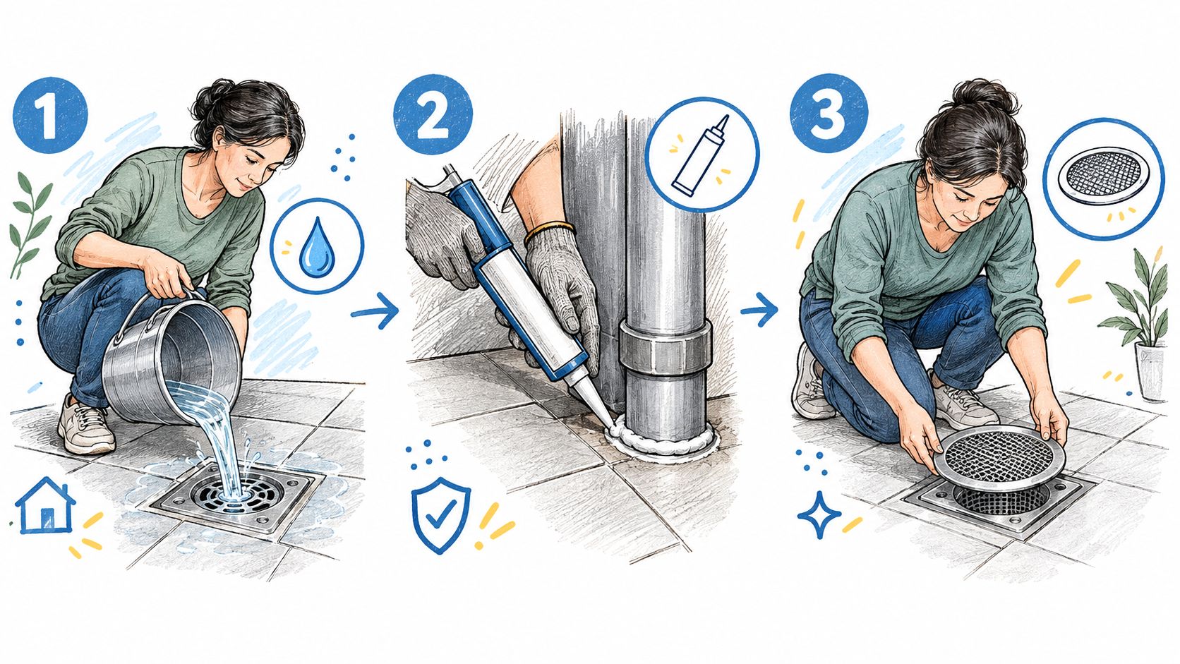 A woman cleaning a drain and sealing it to prevent pests like cockroaches from entering the home.