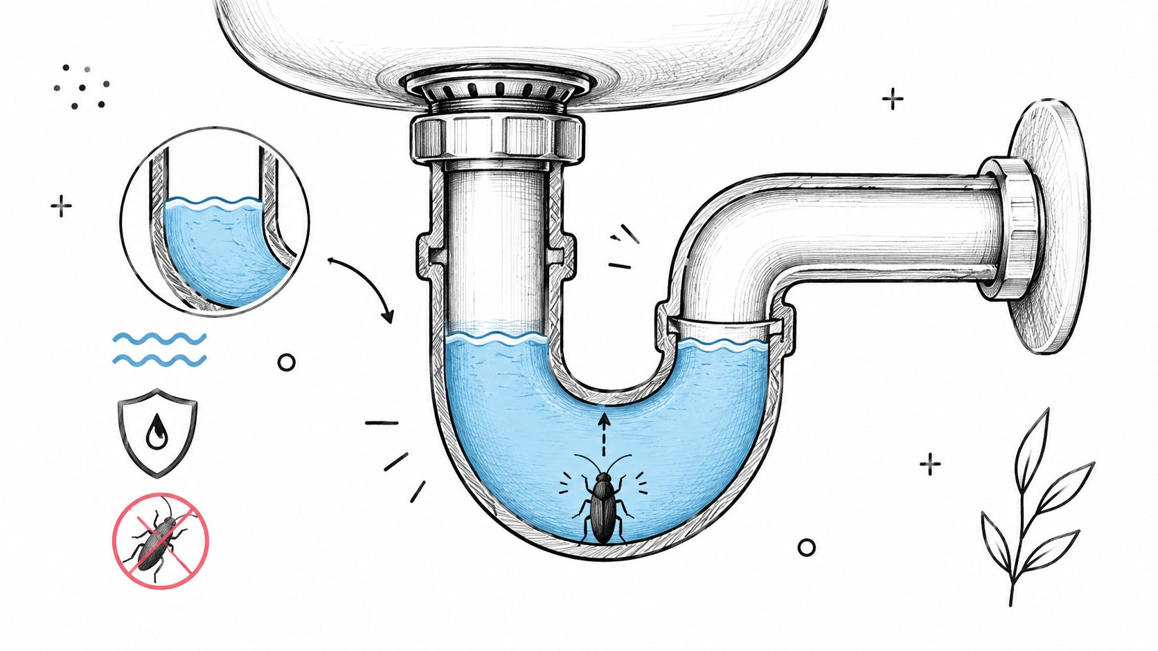 A diagram showing how a sink P-trap prevents cockroaches from entering a home through the drain pipes.