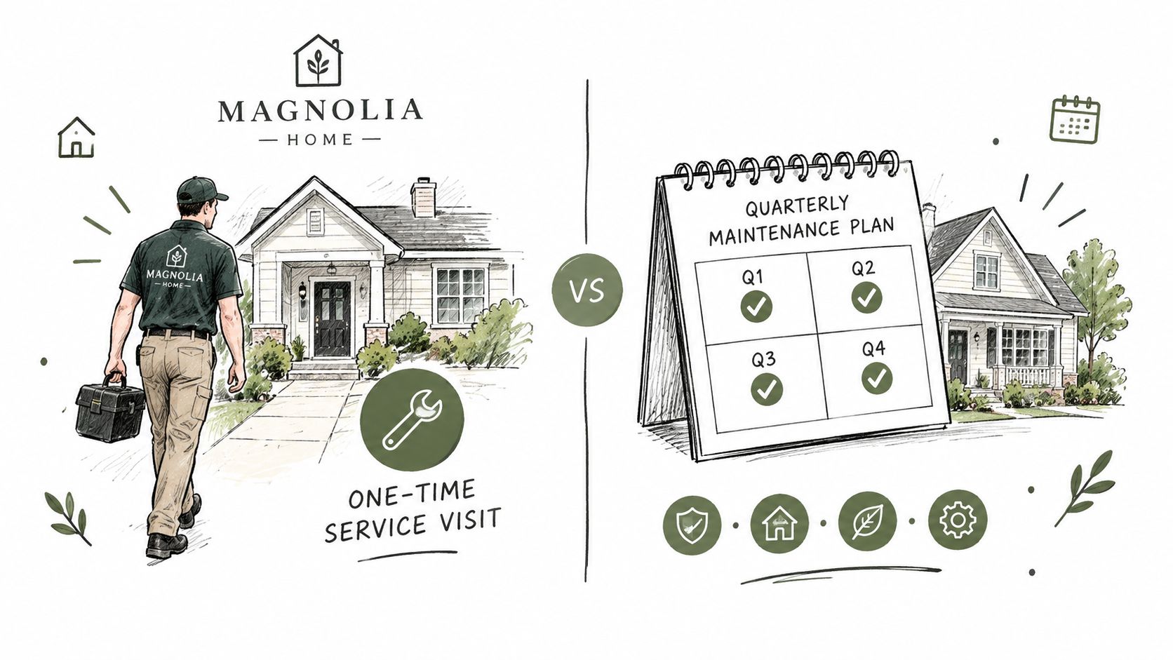 A comparison graphic showing a Magnolia Home one-time service visit versus a structured quarterly maintenance plan.