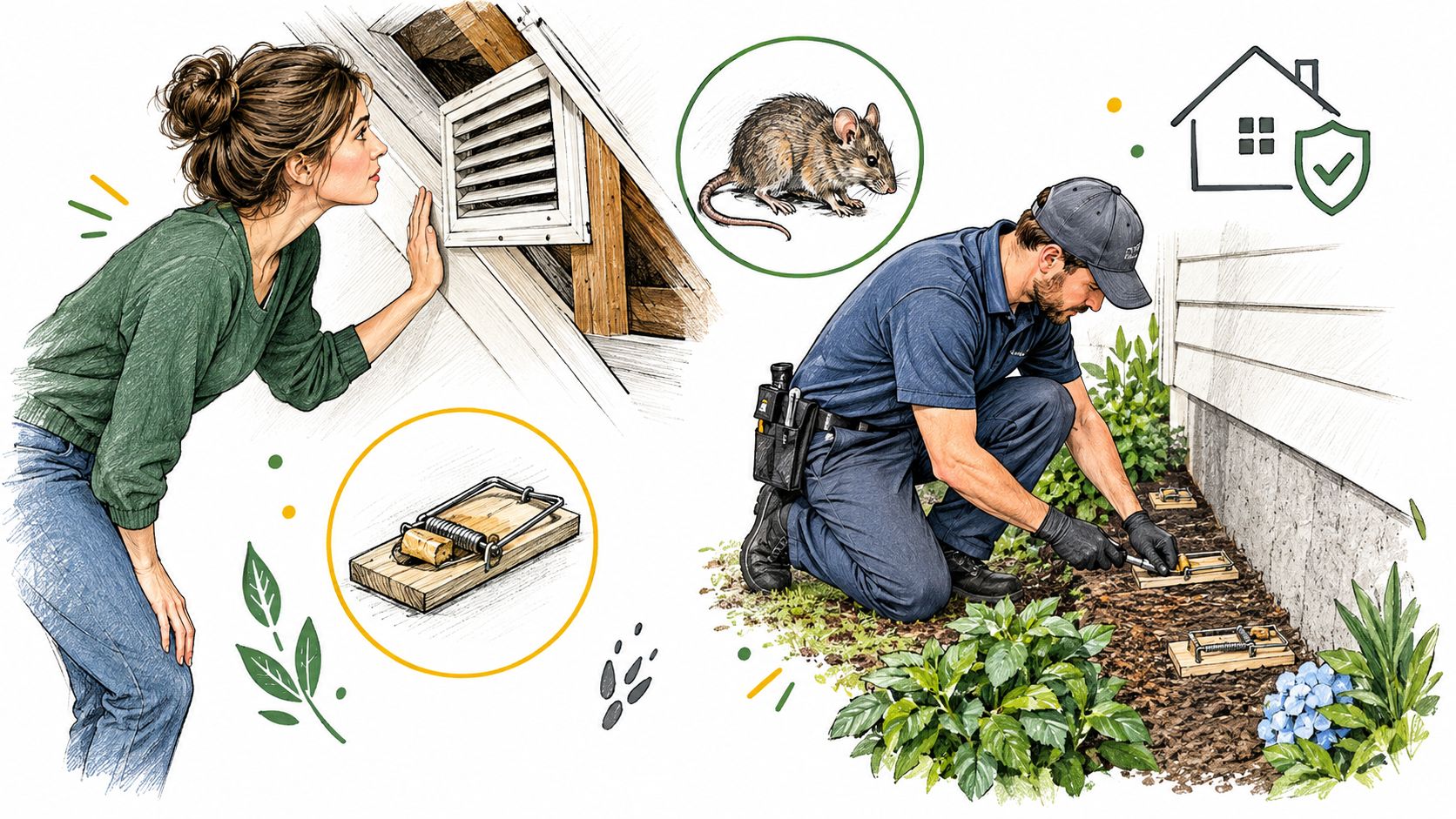 A woman inspecting her attic while a professional pest control technician sets traps for rodents outside.
