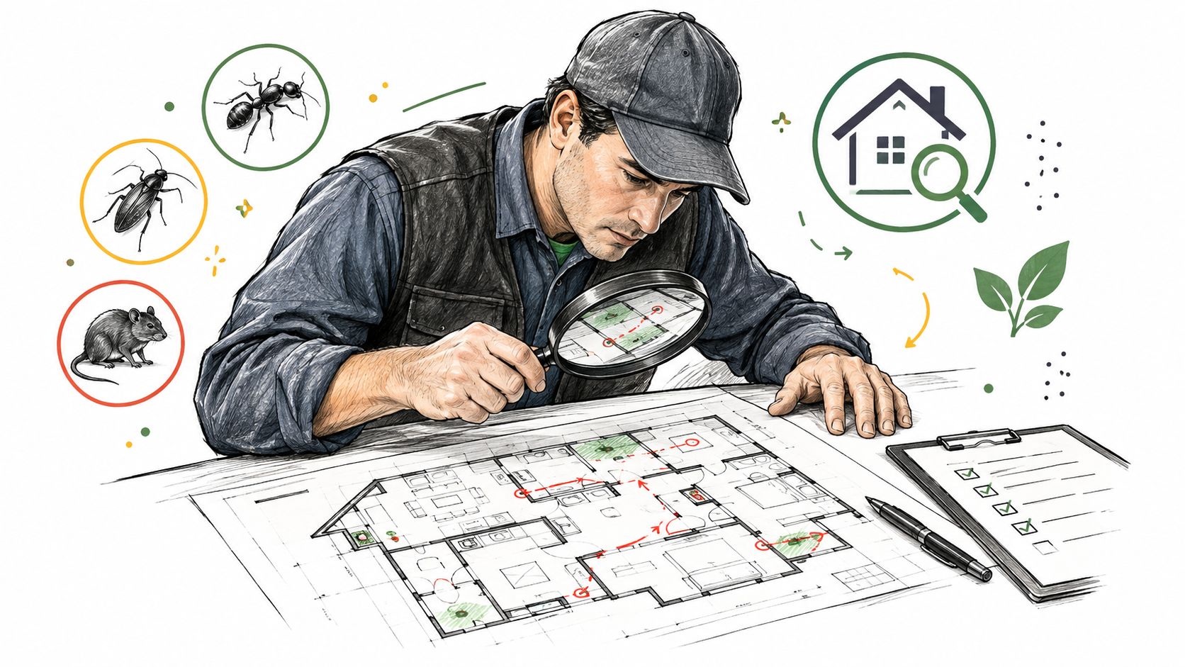 A professional pest control technician inspects a residential floor plan blueprint using a magnifying glass.