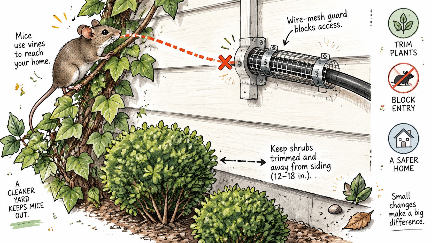 An illustration showing how to keep mice away by trimming plants and installing wire mesh entry guards.